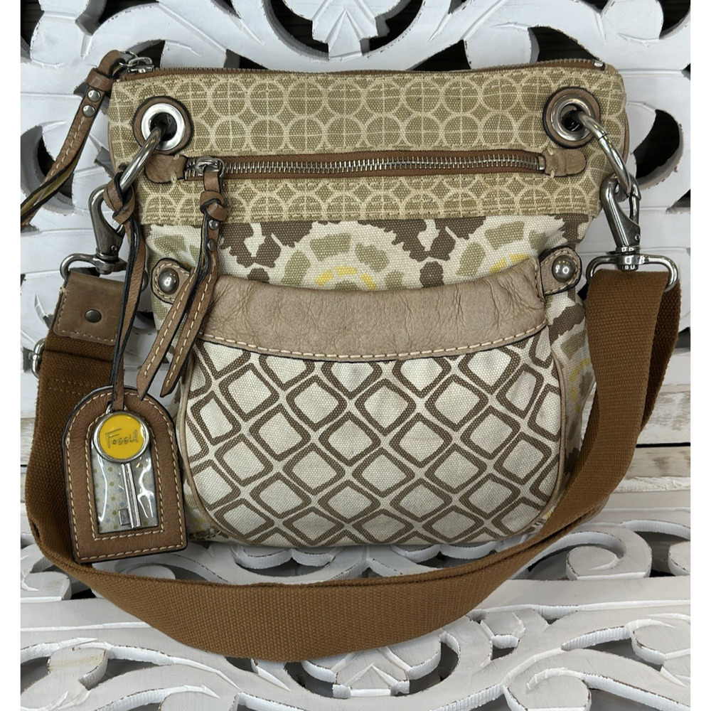 FOSSIL KEYPER Canvas & Leather LINEN / TAN / LEMON Crossbody Messenger Bag